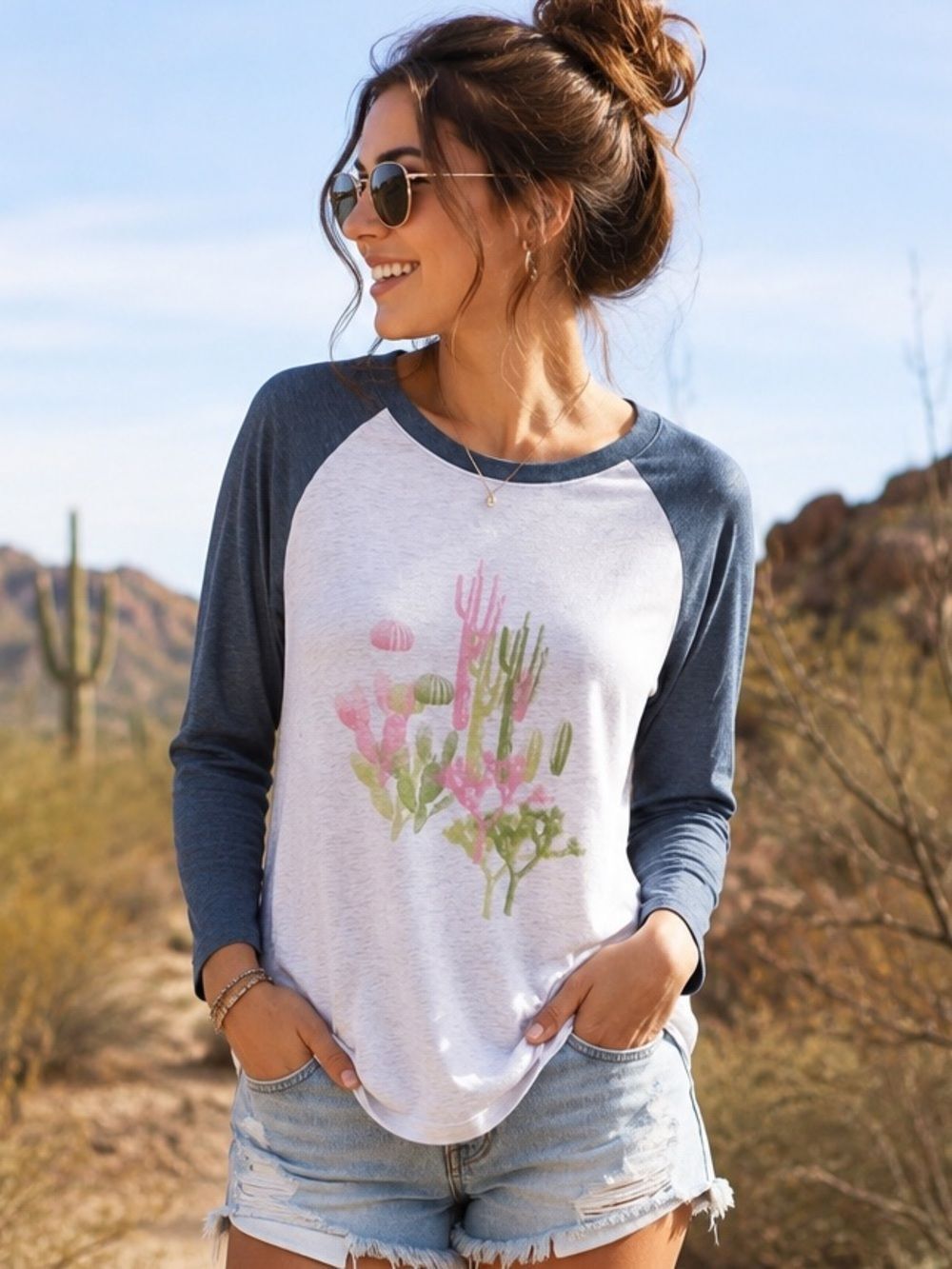 Modcloth Raglan Tee Dessert Cacti Print Grey Blue XS